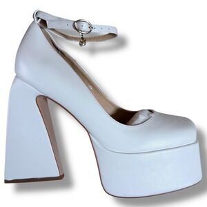 Onlymaker White Platform Ankle Strappy Chunky TRIANGLE Heels Shoes Sz 9 39 SEXY